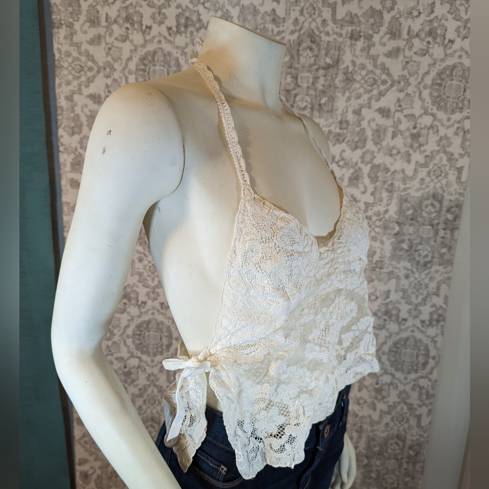 Handcrafted Antique Ivory Lace Side Tie Adjustable Floral Halter Tank Top